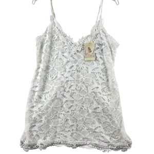 In Bloom Ivory Lace Camisole Nightie Sz L White Tank Top V Neck Criss Cross Back